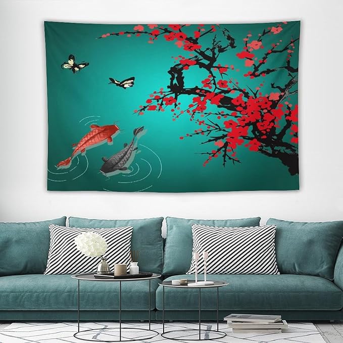 Houselerax Japanese Koi Fish Tapestry, Cherry Blossoms Asian Oriental Green Teal Floral Branch Koi Fish Carp Tapestries Wall Hanging for Bedroom Living Room Office Decor 90"x60"