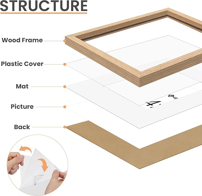 upsimples 4x4 Picture Frame, Natural Solid Wooden Picture Frames, Display 3x3 with Mat or 4 x 4 Without Mat, Wall or Tabletop, 1 Pack, Natural