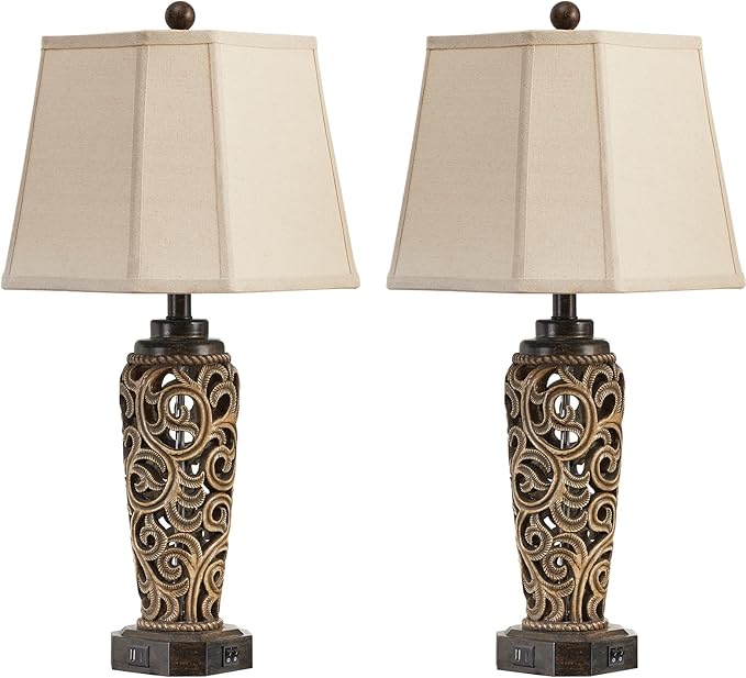 27" Set of 2 Farmhouse Table Lamps for Living Room with USB A+C Ports, Vintage Nightstand Bedroom Lamp and Nightlight, Hollow Out Resin Desk Lamps, 2 Bulbs Include