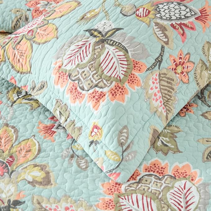 Cotton Bedspread Bedding Coverlet Quilt Sets, Reversible Vintage Branch Floral Bedspread comforters, (Vintage Floral Blue Pattern, Queen Size)