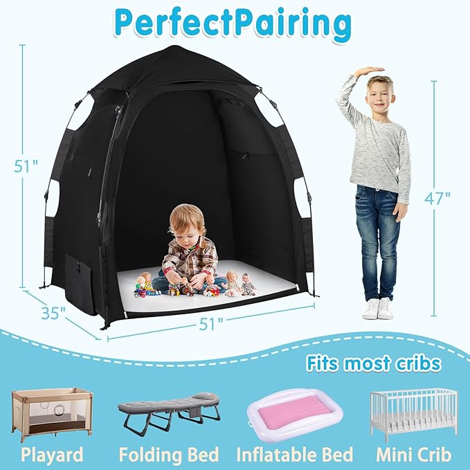 Blackout Tent for Pack and Play - One-Click Opening Pack N Play Blackout Cover - Black Out Tent for Sleep Pod & Mini Crib, Breathable Crib Blackout Cover Block 95% Light