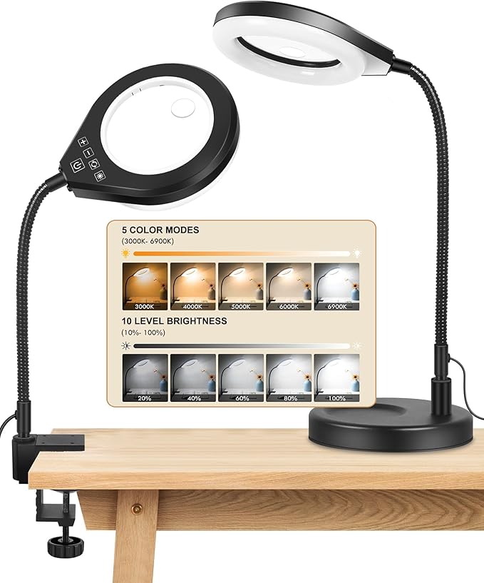 Flexible Gooseneck 2-in-1 Magnifying Glass with Light and Stand,10x & 5x Real Glass Lens Magnifying Lamp, 5 Color Stepless Hands-Free LED Desk Lamp with Clamp for Painting, Crafts, Reading (White)