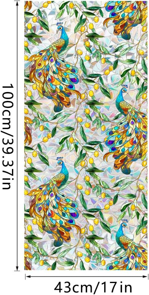 Stained Peacock Window Film Decorative Birds Flowers Static Glass Window Clings Stickers for Home Office Living Room Bedroom Glass Windows Door Decor 16.93 x 39.37 Inches