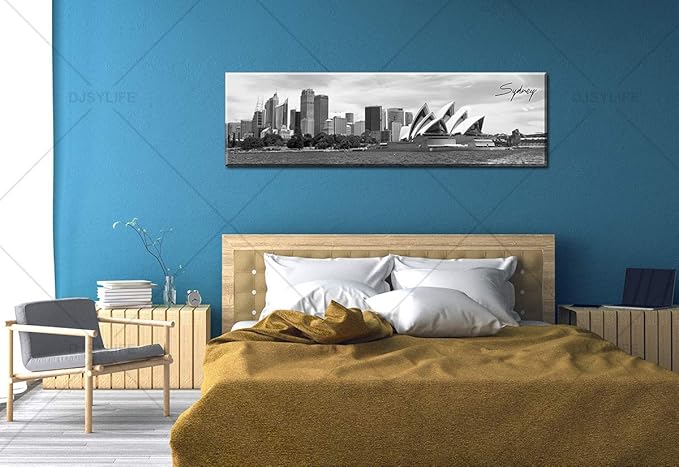 DJSYLIFE Sydney Skyline Wall Art Decor Canvas Print Black and White City Building Landscape Poster Australia Cityscape Modern Artwork Painting for Bedroom Office Home Decoration - 13.8" x 47.3"