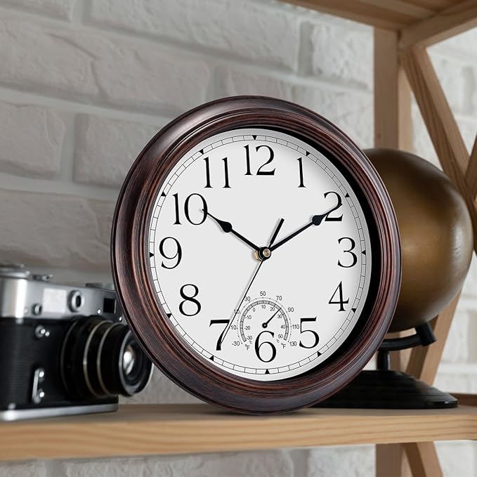 8.5 Inch Outdoor Wall Clock with Thermometers, Vintage Silent Wall Clocks Battery Operated, Retro Non-Ticking Clock Decorative for Living Room, Patio, Kitchen, Office, Bathroom, Bedroom(Bronze)