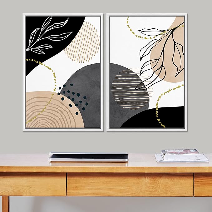 SIGNFORD Framed Canvas Print Wall Art Set Mid-Century Nordic Geometric Ring Plants Abstract Shapes Illustrations Modern Art Decorative Bohemian for Living Room, Bedroom, Office - 24"x36"x2 White