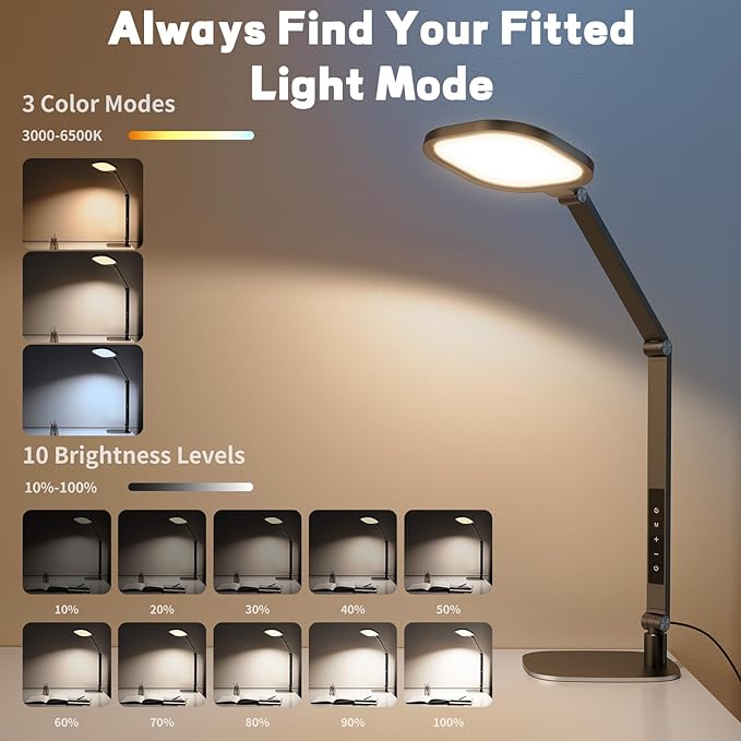 LED Desk Lamp for Home Office, 15W Computer Zoom Lighting with Swing Arm, Memory & Timer Function, Dimmable Desktop Ring Light for Video Calls, Conference, Reading, Streaming, Podcasting