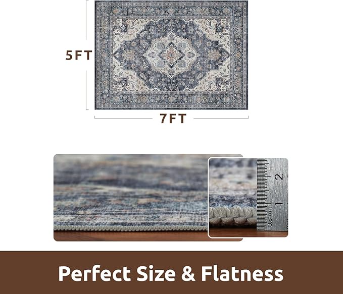 AMOAMI-Area Rug 5X7 Rugs for Living Room-Vintage Soft Blue Rugs for Bedroom-Non Slip Carpet-Machine Washable Rug for Dining Room Living Room Bedroom Office Under Table