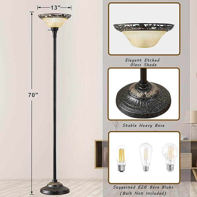 Luvkczc Torchiere Floor Lamp for Living Room - 70" Victorian Standing Lamp with Etched Glass Shade, Corner Floor Lamps for Bedroom/Office