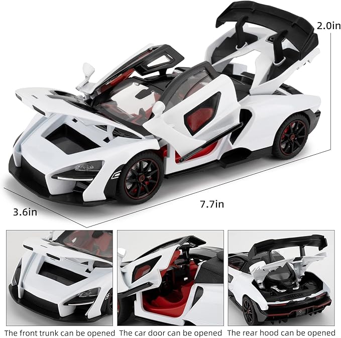1:24 Scale Car Model Compatible for Collectible McLaren Senna Super Sports Car Toys, Zinc Alloy Pull Back Toy Vehicle with Sound and Light for Adult Boys Girls 3 4 5 6 7 8 (White)