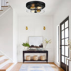 Flush Mount Ceiling Light Fixtures, 2-Light Black and Gold Ceiling Mount for Farmhouse with Seeded Glass Lampshade, Industrial Flush Mount Light Fixture for Hallway, Kitchen, Entryway and Foyer