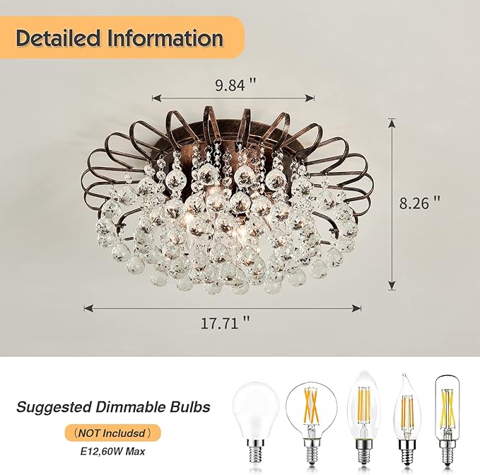 CVKASH 4-Light Crystal Floral Chandelier Modern Bronze Flush Mount Raindrop Crystal Ceiling Lighting Fixture Farmhouse Chandelier for Bathroom Living Room Bedroom Dining Room Entryway