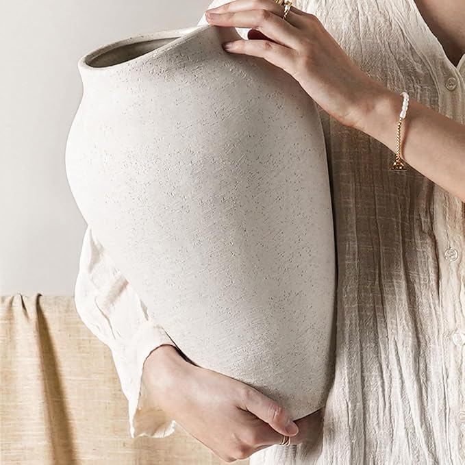 White Ceramic Vase - Large 13.6 Inch Tall Floor Vase for Centerpieces, Farmhouse Rustic Minimalist Home Decor for Living Room, Enterway, Wedding (Sandstone White)