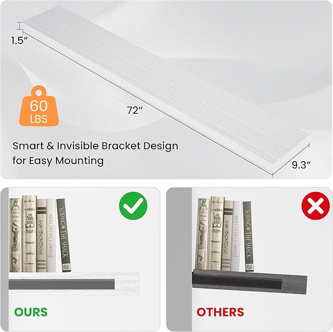 Floating Shelves for Wall, 72"W x 9.3"D x 1.5"H, Long Wooden Wall Mounted Display Shelves with Invisible Brackets for Living Room, Bedroom, Bathroom, Kitchen Decor and Storage, Set of 1, White