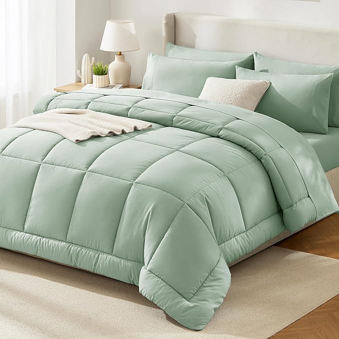 CozyLux King Size Comforter Set Sage Green, 7 Pieces Bed in a Bag, Green Comforter King Size, All Season Bedding Sets with Stitch Quilted Comforter, Flat Sheet, Fitted Sheet, Pillowcases