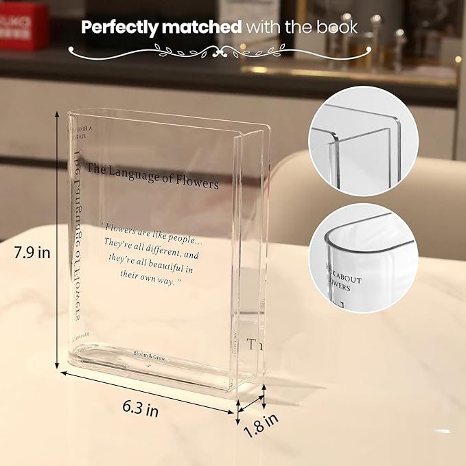 Book Vase for Flowers Home Décor,Artistic and Cultural Flavor Decorative Acrylic Clear Vase for Home and Office,Creative Gifts for Book Lovers. (Transparent)