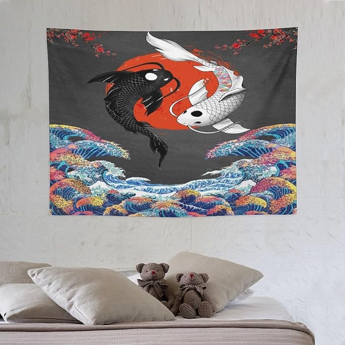 Houselerax Japanese Koi Fish Tapestries, Yin Yang Big Wave Cherry Blossom Tapestry Wall Hanging for Bedroom Living Room Office Decor 40"x30"