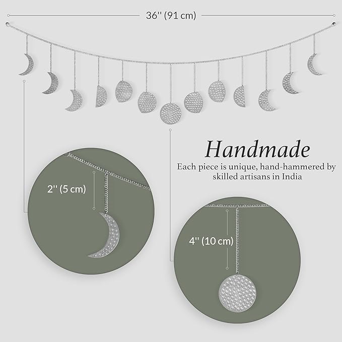 BASE ROOTS Moon Phase, Silver Wall Decor for Bedroom & Living Room, Bohemian Wall Decor, Handmade Hammered Metal 36" 13 Phases Moon, Celestial Wall Art, Gift for Women & Kids