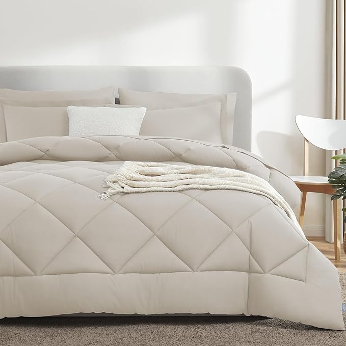 CozyLux California King Comforter Set Beige - Cal King Bed in a Bag 7 Pieces, Luxury Soft Bed Set for All Seasons, Bedding Set with Comforter, Sheets, Pillowcases & Shams