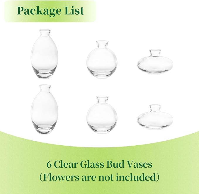 Glass Bud Vases Set of 6, Hewory Cute Clear Small Vases Handmade, Mini Glass Flower Vase for Floral Arrangement, Tiny Centerpiece for Wedding Party Events Home Office Table Decor (Not Include Flower)