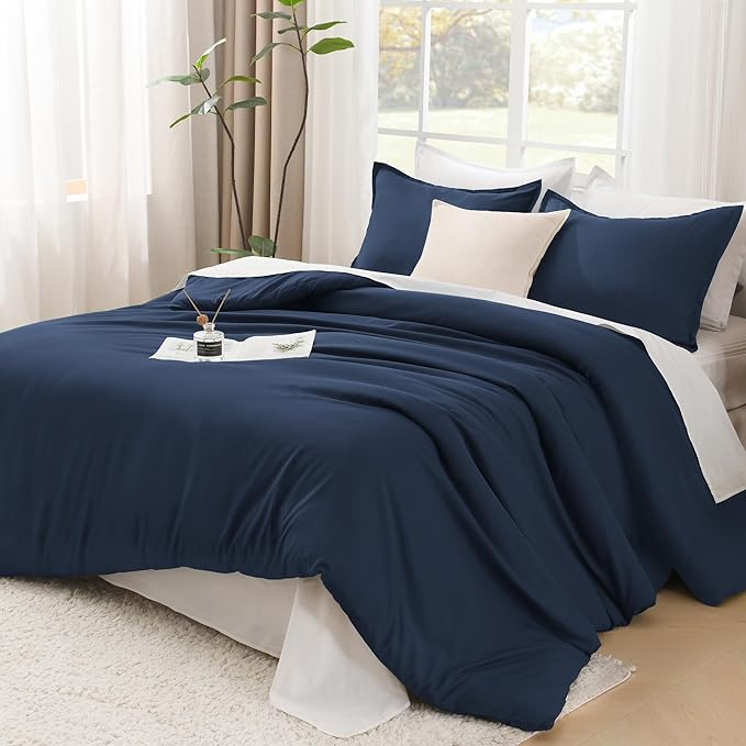 Litanika Navy Blue Comforters Oversized Queen Size, 3 Pieces Lightweight Solid Bedding Comforter Set, All Season Fluffy Bed Set (98x98In Comforter & 2 Pillowcases)