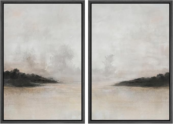 SIGNFORD Framed Canvas Print Wall Art Set Misty Horizon Soft Neutral Toned Landscape Illustration Modern Art Decorative Nordic Nature for Living Room, Bedroom, Office - 16"x24"x2 Black