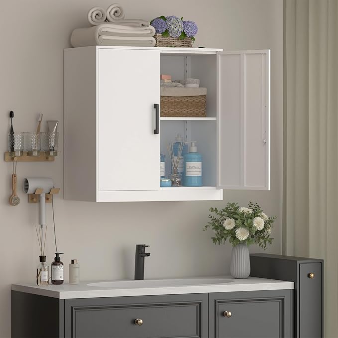 Wall Cabinet,Lockable Storage Cabinets with Adjustable Shelf,Locking Wall Storage Cabinet with Doors for Laundry Room,Home Office,White