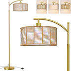 Oneach 62.5'' Arc Floor Lamp for Living Room, Rattan Boho Floor Lamp with Gold Metal Base, Double Shades, Farmhouse Rustic Modern Standing Lamp for Bedroom Office Corner