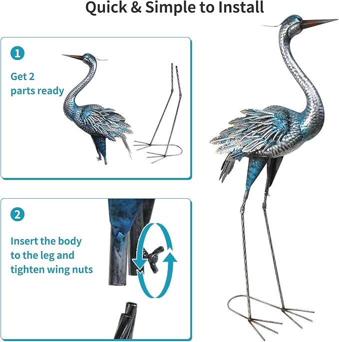 Crane Outdoor Decor Statue, Blue Heron Garden Statue Metal Yard Art Outdoor Decoy, Garden Sculptures & Statues for Yard/Lawn/Pond/Outdoor Decoration, 1Pc