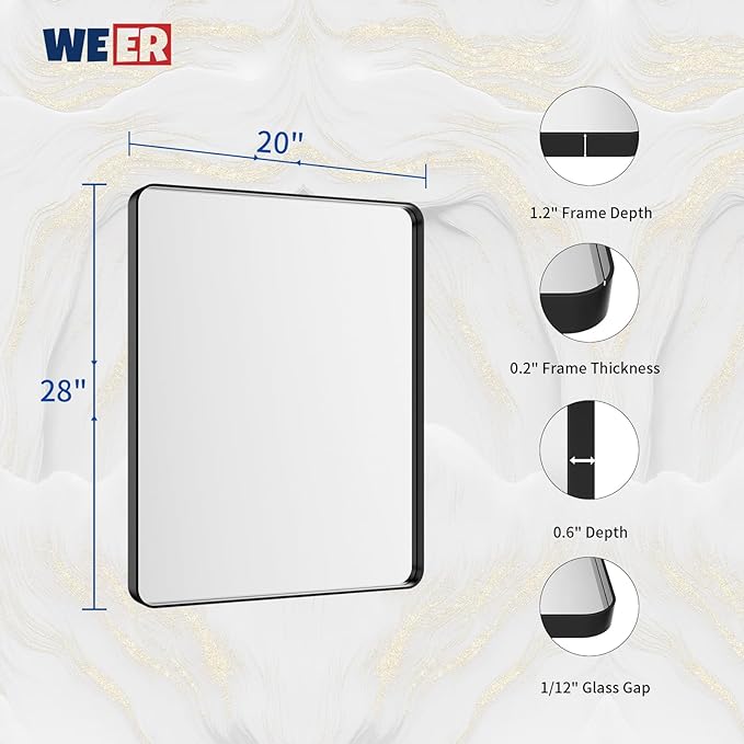 WEER Black Bathroom Vanity Mirror 20X28 Inch, Rounded Rectangle Black Metal Framed Mirror for Over Sink Wall, Farmhouse Matte Black Mirror, Tempered Glass, Anti-Rust, Hangs Horizontal or Vertical