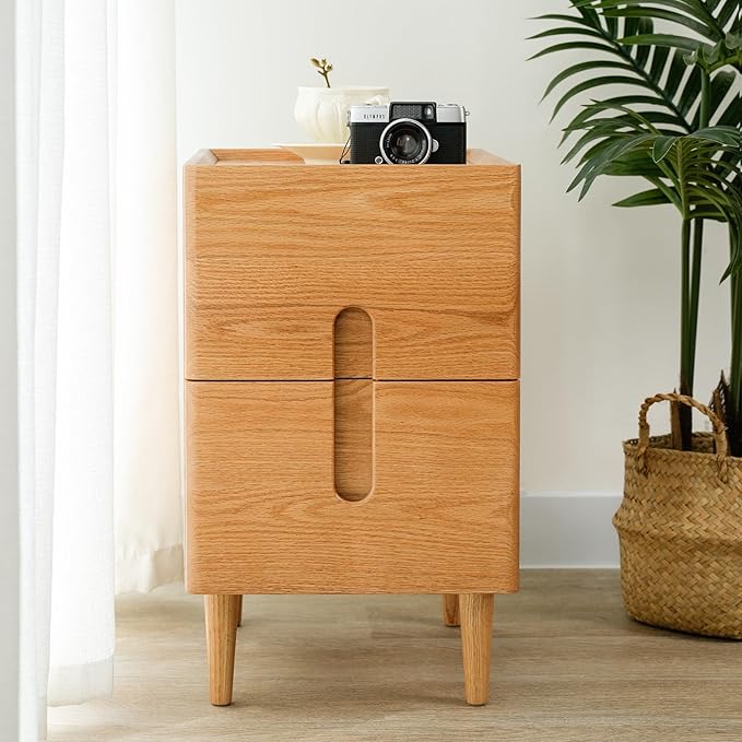 Narrow Nightstand, Mid Century Modern Nightstand, Solid Wood Bedside Table, Side Table witn Drawers (Natural, 11.81inches)