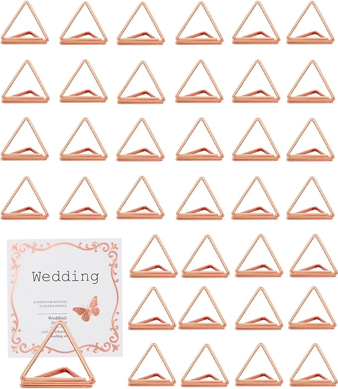 36 Pcs Triangle Table Number Holders - Rust-Resistant Metal Place Card Stands for Weddings, Office & Home Decor(Rose Gold)