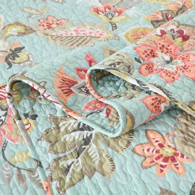 Cotton Bedspread Bedding Coverlet Quilt Sets, Reversible Vintage Branch Floral Bedspread comforters, (Vintage Floral Blue Pattern, King Size)