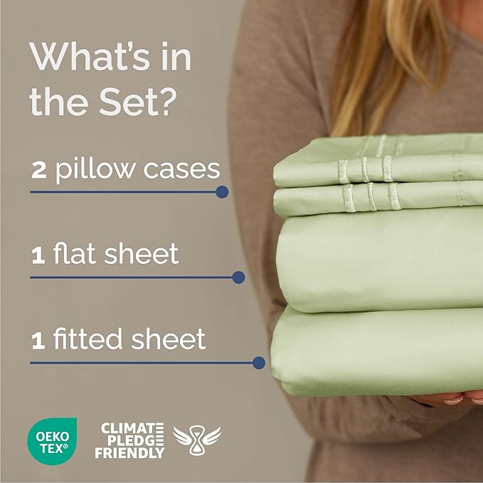 Queen Size 4 Piece Sheet Set - Comfy Breathable & Cooling Bed Sheets Set - Hotel Luxury Bedding for Women, Men, Kids, Teens, Boys & Girls - Deep Pockets and Wrinkle Free - Oeko-Tex - Light Sage Green