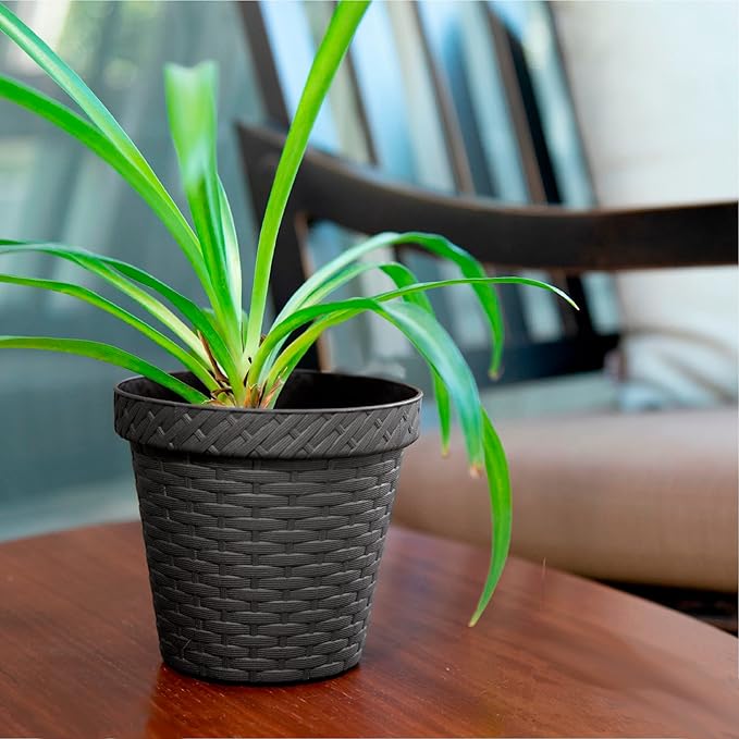 Elly Décor Set of 2 12 inch Round Saucer Modern Self Watering Planter Plates, Pots with Rattan-Like Finish, 12x12 Gray