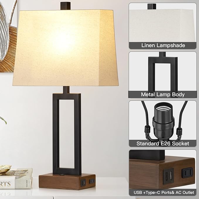 Table Lamps Set of 2 with 2 USB Ports and AC Power Outlet, Modern Bedside Lamp, Wood Nightstand Lamp with Linen Shade for Living Room Bedroom End Table Hotel Desk(LED Bulb Included)