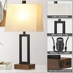 23.5" Table Lamps Set of 2, Modern Black Bedside Lamps with 2 USB Ports & AC Outlet, Contemporary Nightstand Lamps with Wood Base for Bedroom Living Room(LED Bulb Included)