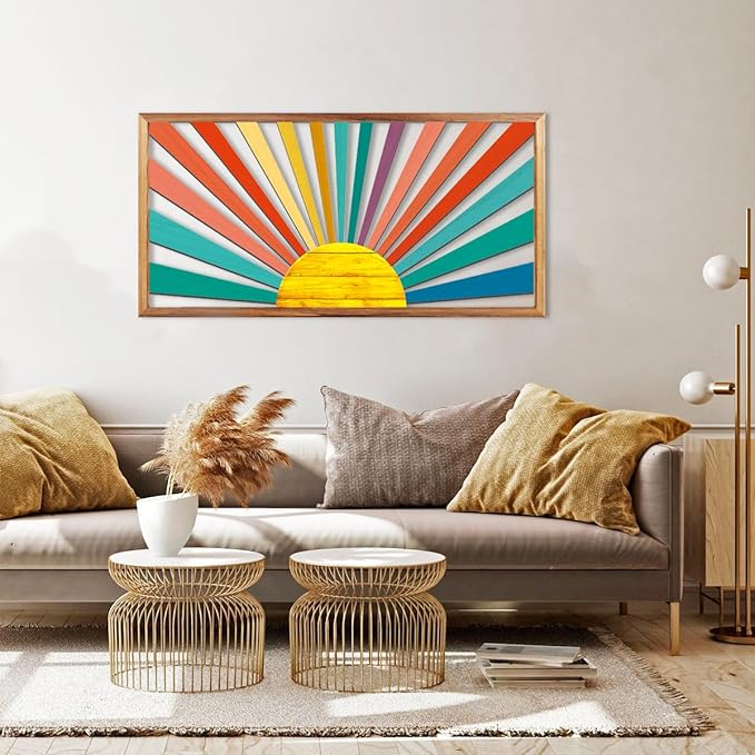 IARTTOP Large Boho Sun Wall Art Framed Wooden Art Wall Decor Sun Geometric Line Sunshine Wall Art for Living Room Bedroom Office 16"" x32, red