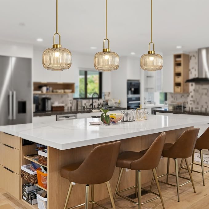 Modern Amber Glass Pendant Light Fixtures, Mid Century Pendant Lights for Kitchen Island, 9.8" Gold Adjustable Height Ceiling Hanging Light Fixtures for Dining Room Entryway Bedroom Foyer Hallway