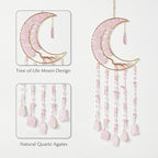 Fairy Pink Quartz Gemstone Dream Catcher 7 Chakras Tree of Life Moon Dream Catcher with Healing Crystal Stones Handmade Dreamcatcher Wall Decor for Adults Boys Girls,Bedroom,Wedding,Garden,Bless Gift