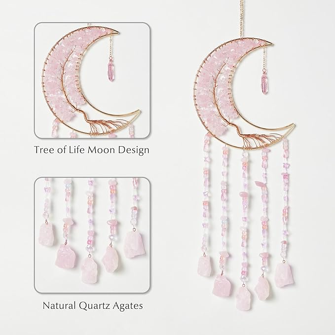 Fairy Pink Quartz Gemstone Dream Catcher 7 Chakras Tree of Life Moon Dream Catcher with Healing Crystal Stones Handmade Dreamcatcher Wall Decor for Adults Boys Girls,Bedroom,Wedding,Garden,Bless Gift