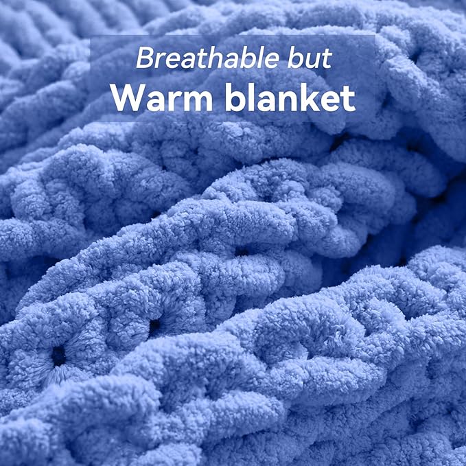 Chunky Knit Throw Blanket, 60''*80'' Knitted Throw Chenille Yarn for Bed Couch, Handmade Light Blue Crochet Big Thick Blanket, Machine Washable Cute Comfy Blanket for Home Decor