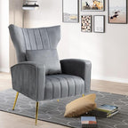 X-VOLSPORT Velvet Accent Chair, Mid Century Modern High Back Living Room Chair with Waist Pillow, Upholstered Arm Chair with Metal Gold Legs for Bedroom, Club, Grey