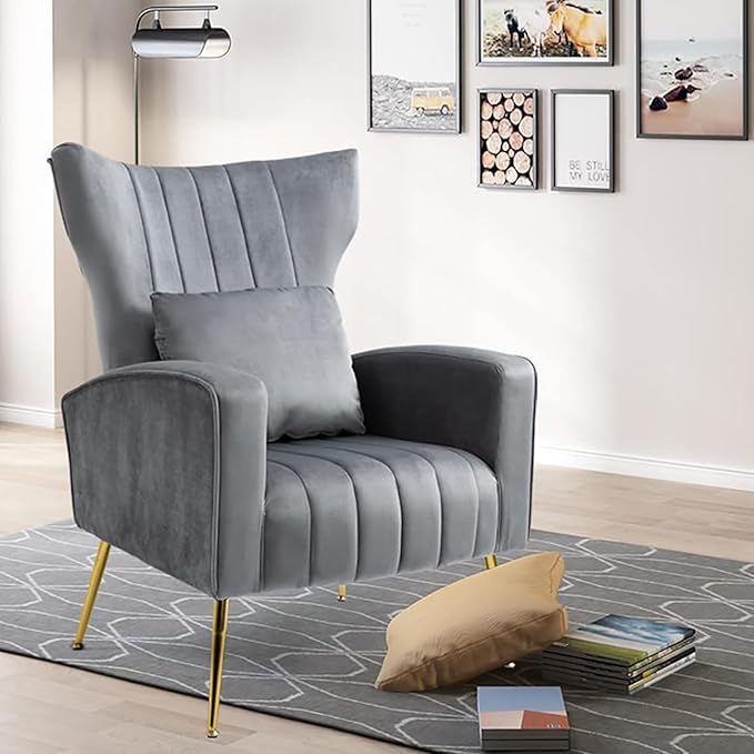 X-VOLSPORT Velvet Accent Chair, Mid Century Modern High Back Living Room Chair with Waist Pillow, Upholstered Arm Chair with Metal Gold Legs for Bedroom, Club, Grey