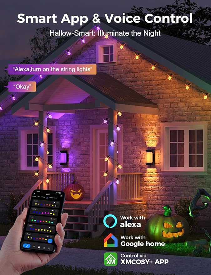 XMCOSY+ 96FT Smart Outdoor String Lights - RGBCWIC Dimmable Acrylic Bulbs, Color Changing LED Patio Lights APP WiFi Control, Compatible with Alexa, IP65 Waterproof Outdoor Lights for Backyard Porch