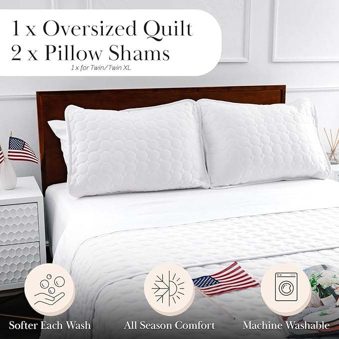 Southshore Fine Living, Inc. King Size White Quilt Bedding Set with 2 Pillow Shams, Quilted Summer Comforter, King Size, Light Weight Bedspread, California/King Quilt Coverlet, Bright White