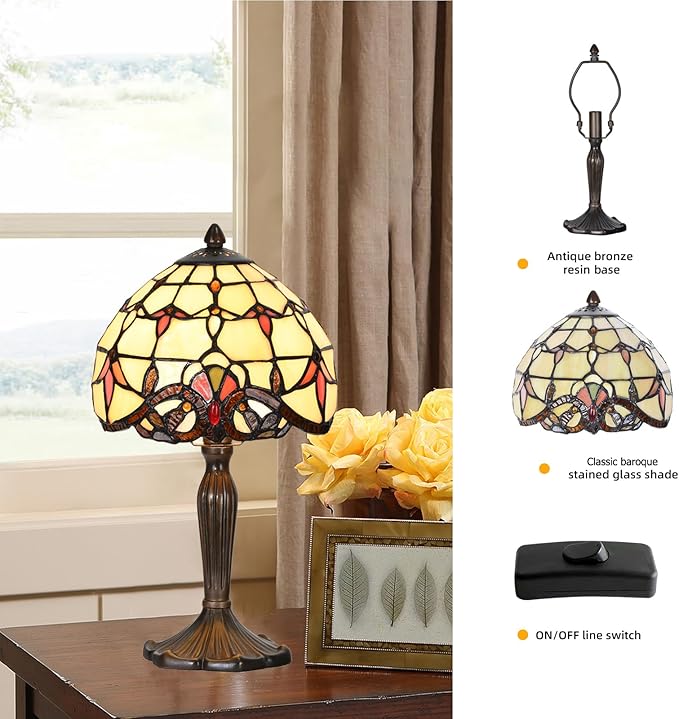TL0007 Tiffany Lamp Baroque Design Stained Glass Table Lamp 8" D x 14.25" H for Living Room Bedroom Bedside Nightstand Home Office, LED Bulb Included (Beige Baroque)