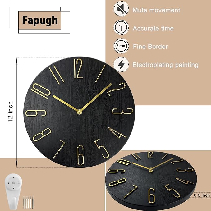 Wall Clock, Silent Clock, Wall Clocks Battery Operated， 12 inch Modern Wall Clock, Suitable for Offices, Living Rooms, Kitchens, Homes, Schools (Black Without Second Hand)