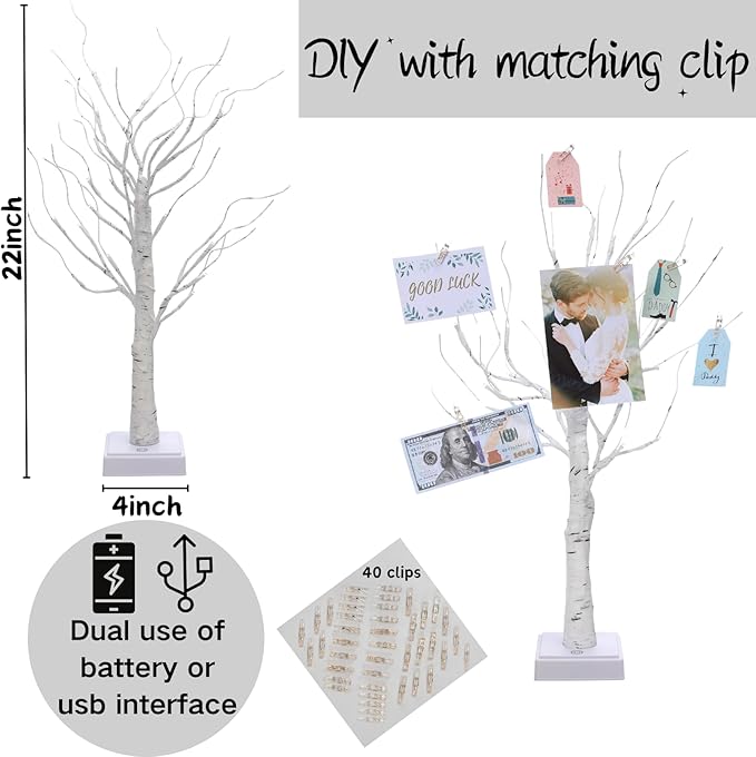 Meonua2-pack Money Tree Gift Card Holder LED Twig Lights - Battery/USB Powered Light Up Display with 22 Clear Clips for Birthday Wedding Photo (Warm Color)