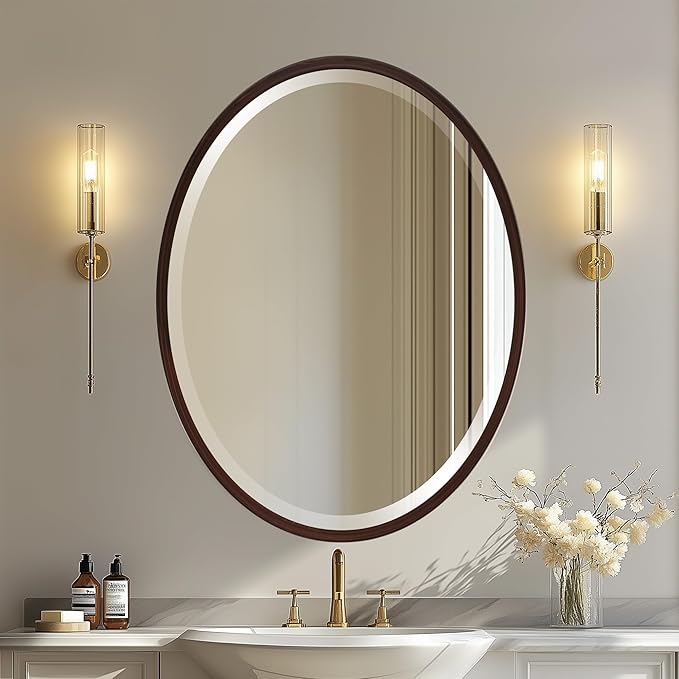OVALCREST - Oval Wooden Beveled Wall Mirror for Home Decor, Bathroom, Vanity, Bedroom, Living Room, Hallway - London Style (Black Walnut) 25.1 x 31.1